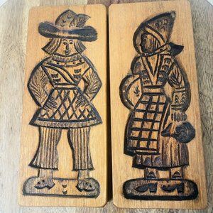 Atq Vtg Primitive Folk Art Hand Carved Wooden PAIR Cookie Butter Mold Set Wood
